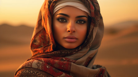 In the vastness of the UAE desert, an Arab woman radiates poise and elegance, celebrating the timeless allure of Arab heritage and traditions AI generated.の素材