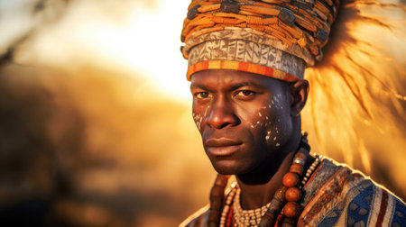 A charismatic black man's portrait radiates a sense of cultural pride, embodying the diverse traditions and history of the African continent. AI generated.の素材