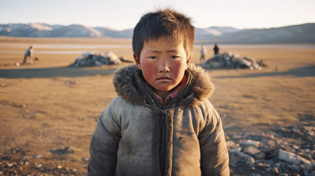 Portrait of a Mongolian child in the mountains of Mongolia against the background of a settlement. AI generated.の素材