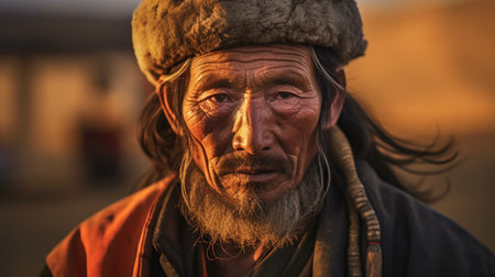 Portrait of a Mongolian indigenous man in Mongolia against the background. AI generated.の素材