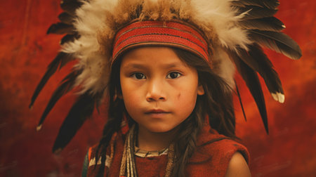 Portrait of a native red Indian child against on a red background AI generated.の素材