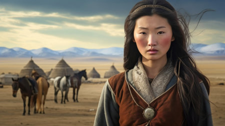 Portrait of a Cinematic Mongolian woman in the mountains and steps of Mongolia against the background of a settlement. AI generated.の素材