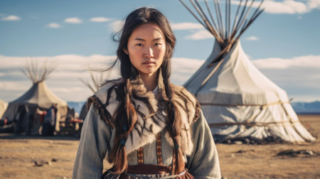 Portrait of a Serious Mongolian woman in the mountains and steppes of Mongolia against the background of a settlement. AI generated.の素材