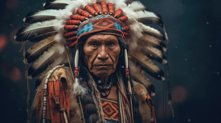 Portrait of the senior man of a native red Indian in America. national clothes AI generated.の素材