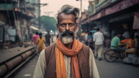 Portrait of a Indian man showcasing the fusion of tradition and modernity. AI generated.の素材