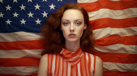 American woman in red, white, and blue, celebrating Independence Day with a display of patriotism. AI generated.の素材