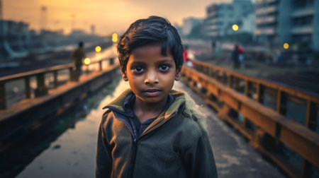 Portrait of an Indian child on the streets of India, a serious boy. AI generated.の素材