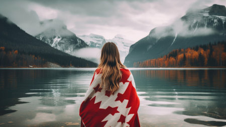 Canadian woman portrait in Canada. Rear view against the backdrop of mountains and nature. AI generated.の素材
