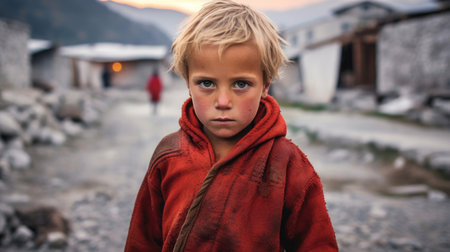 A thoughtful Albanian child boy outdoors, wearing a serious expression AI generated.の素材