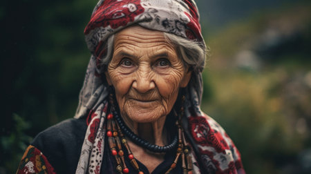A dignified Albanian woman of age, surrounded by mountains, reflecting the strength and timeless beauty of Albania's natural landscapes. AI generated.の素材
