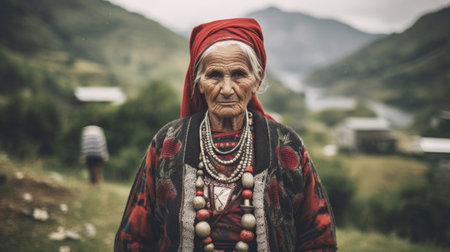 A resilient Albanian senior woman with mountains as her backdrop, embodying strength and connection to the natural beauty of Albania. AI generated.の素材