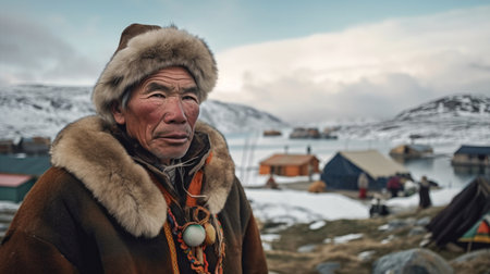 A strong Greenlandic man against the backdrop of Greenland's icy expanse, symbolizing the resilience and cultural heritage of the Inuit people. AI generated.の素材