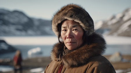 A captivating Greenlandic woman in Greenland, emanating grace and resilience, embodying the vibrant Inuit culture and Arctic beauty. AI generated.の素材