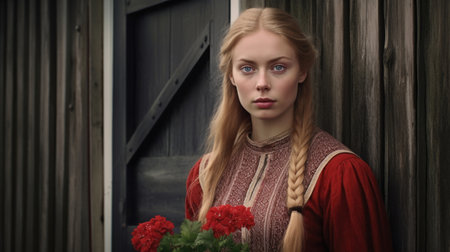 A poised Danish woman in Denmark, radiating grace and confidence, embodying the beauty and cultural heritage of Denmark. AI generated.の素材