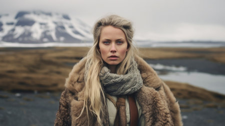 Icelandic woman adorned in traditional attire, blending seamlessly with the scenic Icelandic backdrop, representing the timeless traditions and grace of Icelandic culture. AI generated.の素材