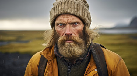 An Icelandic man in Iceland, immersed in nature's embrace, reflecting the rugged beauty and resilience of the Icelandic spirit. AI generated.の素材