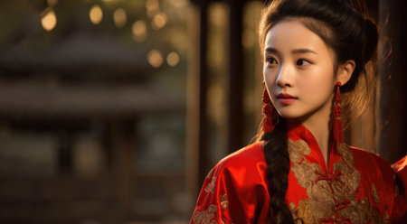 An enchanting Korean woman in traditional attire, reflecting the cultural richness and heritage of Korea through her elegant presence. AI generated.の素材