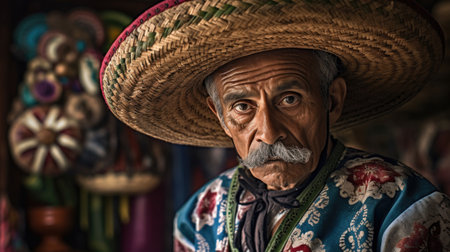 An esteemed Mexican senior man adorned in traditional attire, embodying the deep-rooted cultural traditions and heritage of Mexico. AI generated.の素材