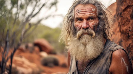 An intriguing Australian male hermit, living in seclusion amidst the vastness of the Australian wilderness. AI generated.の素材