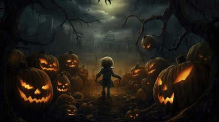 Scary Halloween Scene. A haunting night with eerie moonlight, creepy pumpkins, and a sinister figure lurking in the shadows. AI generated.の素材