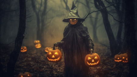 Frightening Halloween scene, scary picture background. Monster with pumpkins in the forest AI generated.の素材