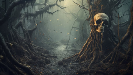 Frightening Halloween scene, scary picture background. Forest with a skull AI generated.の素材