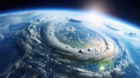 A breathtaking aerial view from space revealing the Earth's atmospheric chaos with powerful hurricanes, destructive tornadoes, and turbulent weather systems AI generated.の素材