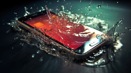 A submerged smartphone in a pool of water, emphasizing its waterproof features and highlighting its suitability for aquatic environments. AI generated.の素材