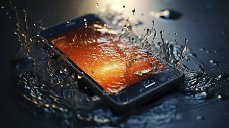 A resilient waterproof smartphone withstanding splashes of water, demonstrating its ability to resist water damage and function flawlessly. AI generated.の素材