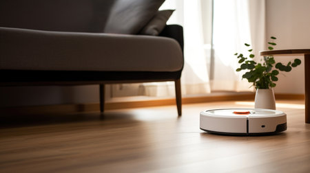 A robot vacuum cleaner silently gliding across the floor of a contemporary apartment, providing hassle-free cleaning with advanced technology. AI generated.の素材