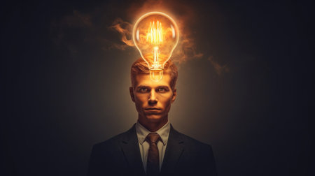 A motivated entrepreneur with a light bulb, representing the power of innovative thinking and the pursuit of groundbreaking ideas. AI generated.の素材
