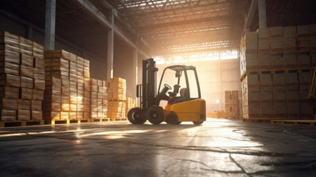 A truck-mounted forklift smoothly operating in a bustling warehouse, offering a flexible solution for efficient loading and unloading of goods. AI generated.の素材