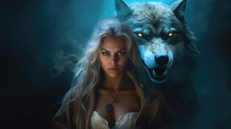 A mesmerizing artwork showcasing a fantastical duo: a woman with flowing robes and a loyal wolf by her side. AI generated.の素材