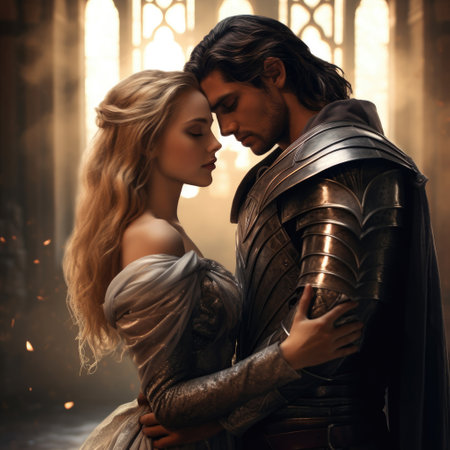 wizard and a graceful enchantress share a tender embrace within the grand halls of an ancient castle, their magical love story capturing the imagination on a fantasy novel cover. AI generated.の素材