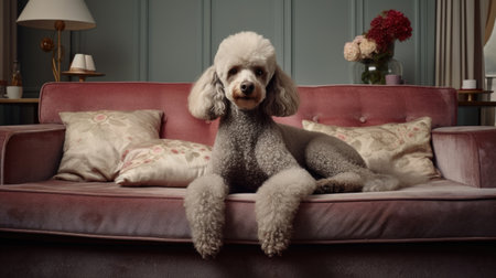 Domestic bliss: a poodle in a modern apartment, the epitome of urban canine livingの素材