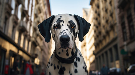Dalmatian against the background of the city and housesの素材