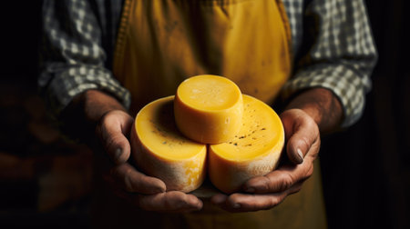 Close-up of a proud cheese maker exhibiting his cheese expertise cheese in handsの素材