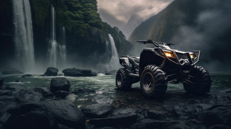 ATV off-roading amidst breathtaking scenery waterfallの素材
