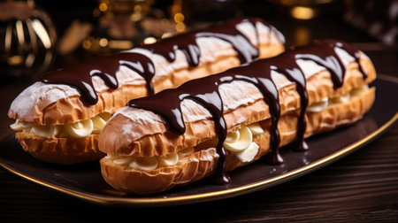 Delicious eclairs adorned with luscious chocolate sauceの素材