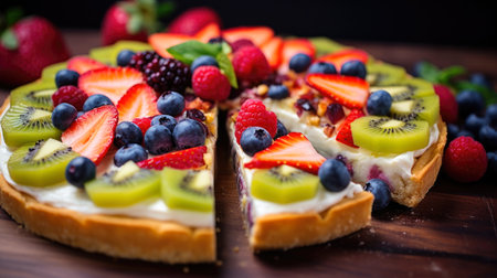 A vibrant fruit-topped pizza, a sweet delight featuring kiwi, strawberries, and blueberries.の素材