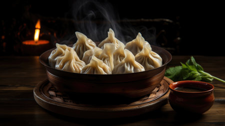 Steamy hot khinkali, Georgian dumplings, served in a plate, a mouthwatering culinary delightの素材