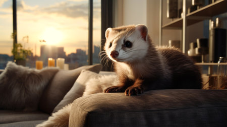 In a chic apartment, a happy exotic ferret enjoys pamperingの素材