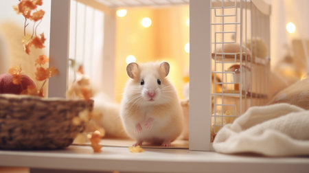 A cozy urban apartment, where a hamster receives loving careの素材
