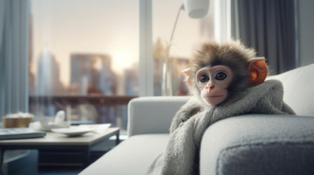 Cherished monkey in contemporary home, symbolizing love and pet careの素材