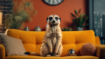 A cute meerkat thrives in the comfort of a modern homeの素材