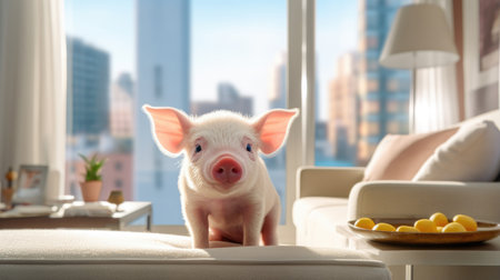 Love and pet care meet in a stylish home with a mini pigの素材