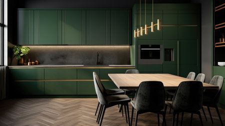 The dark green, forest interior of the kitchen, the design is modern for ideas and inspirationの素材