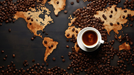 A coffee cup on a world map, marking the global love for coffee on Coffee Day.の素材