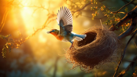A bird and its nest in the warm glow of the sun, signaling the onset of spring.の素材