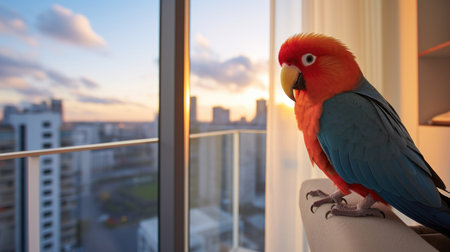 Pet lovebird in a cozy apartment, a feathered friend that radiates love and charm.の素材